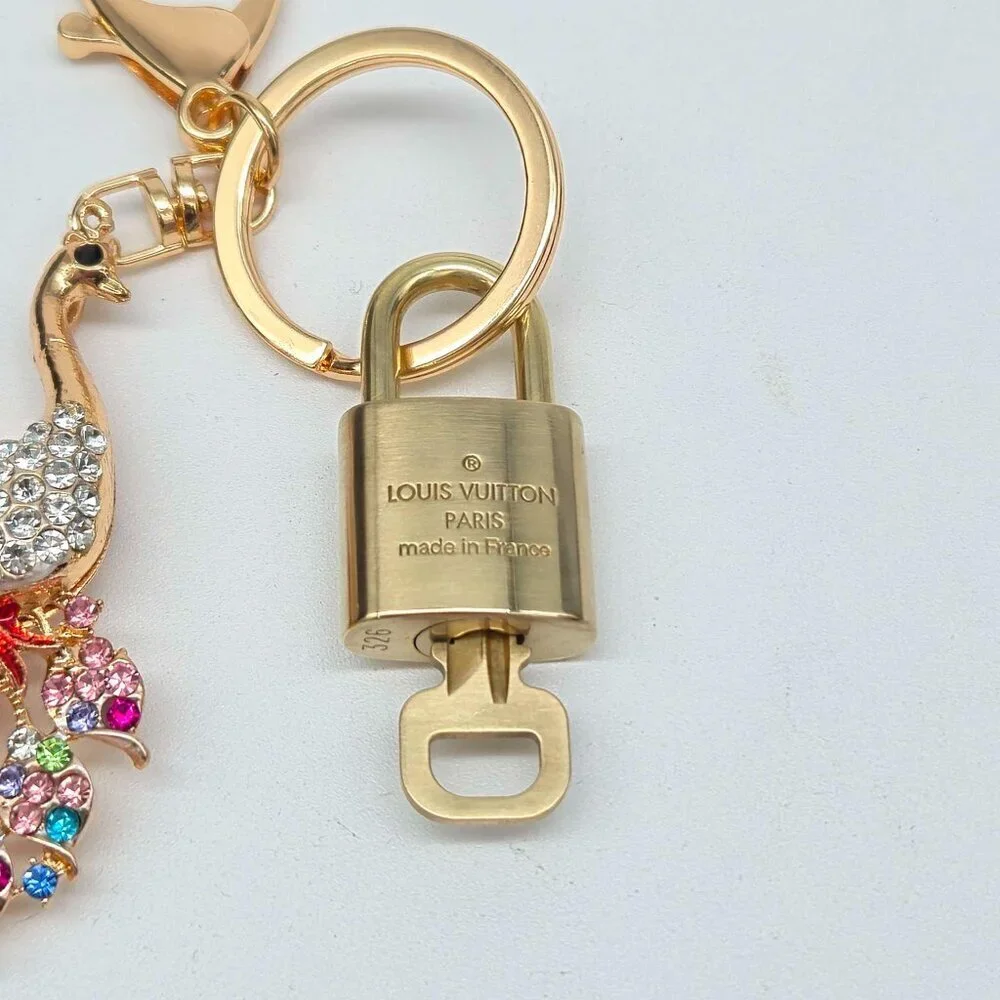 LV Gold Padlock Authentic 🔑 Luxury Bag Charm w/ Unbranded Peacock Keychain